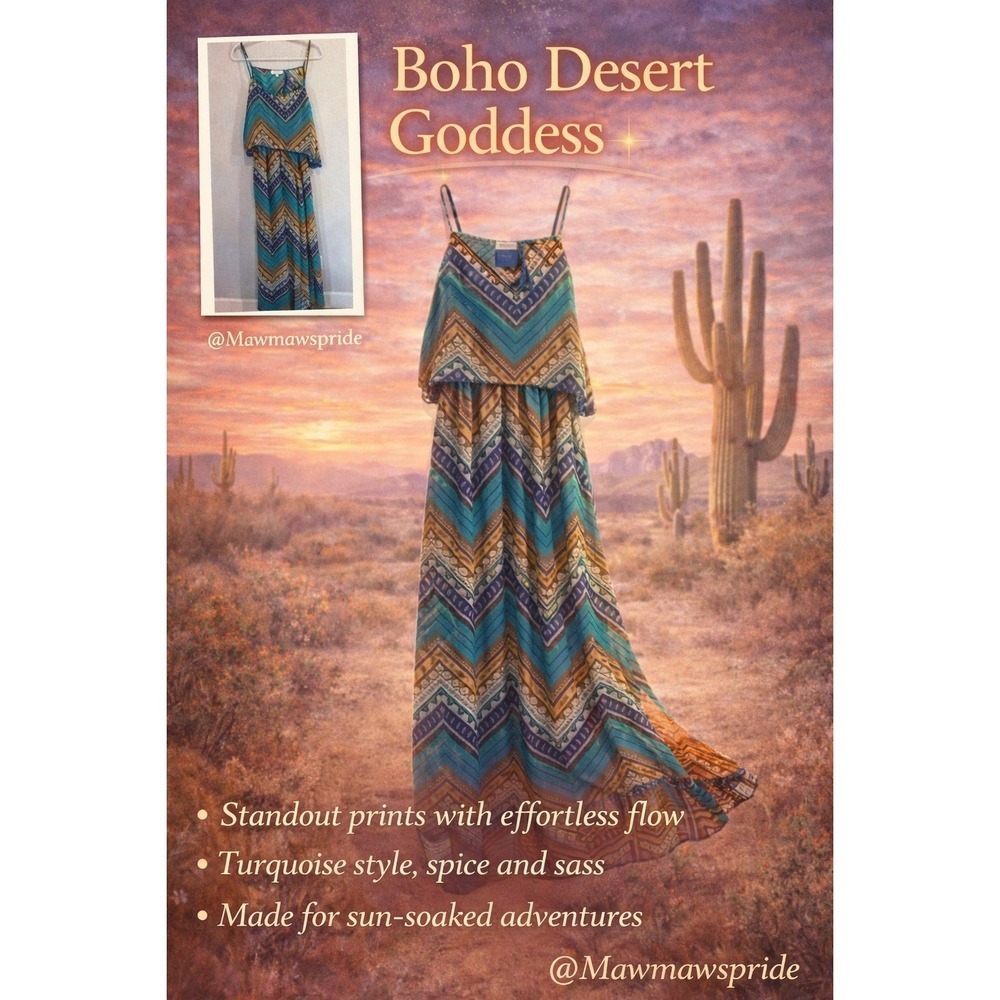 Umgee USA Women's Maxi Dress‎ Sleeveless Blue Aztec Print Boho Open Back L 150